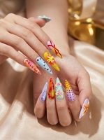 Ongles press-on longs et pointus faits à la main, fleurs sculptées en 3D, ombré coloré pop art et pois, ongles Y2K pour vacances tropicales
