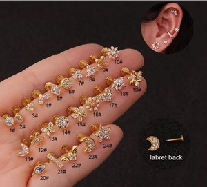 Nouveau acier haltère bijoux dos <span class=keywords><strong>plat</strong></span> CZ Lobe Diath <span class=keywords><strong>Piercing</strong></span> lèvre anneau pour enfants plaqué or <span class=keywords><strong>diamant</strong></span> pierre vis cadeau - Product Image 1