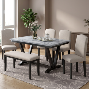 Modern Style White 6-Piece Dining Room Set with V-Shaped <b>Legs</b> Marbled Veneers Tabletop 4 Chairs 1 <b>Bench</b> - Product Image 3