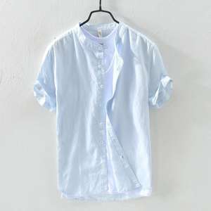 Semplice <span class=keywords><strong>Casual</strong></span> 4XL <span class=keywords><strong>estate</strong></span> <span class=keywords><strong>abbigliamento</strong></span> con colletto rialzato Top manica corta camicia in misto cotone lino botton up - Product Image 3