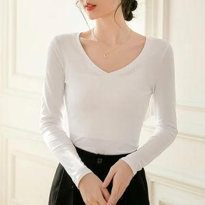 Garantía de calidad Venta al por mayor Camiseta de manga larga para mujer Moda <span class=keywords><strong>Gular</strong></span> con cuello en V y mangas largas - Product Image 1