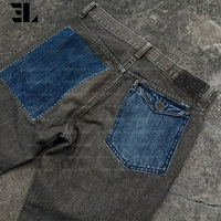Pantalon en jean évasé style japonais LARSUR avec appliques, bords bruts, broderie à la main Sashiko, coupe slim bootcut
