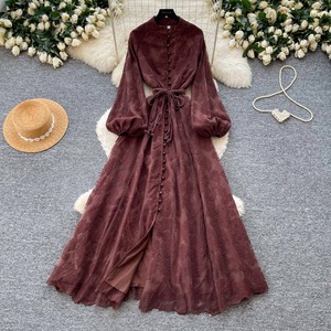 Robe longue en dentelle à col montant, manches lanternes et taille cintrée, style romantique français, vente en gros - Product Image 6