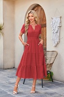 Robe d'été décontractée en mousseline écologique pour femme, taille haute, col en V, plissée, manches bouffantes, ourlet évasé