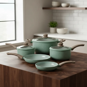 Ensemble de 8 ustensiles de cuisine en céramique antiadhésifs avec poignées en bois, couvercles en verre et silicone, pour cuisinières à gaz et à induction, design moderne - Product Image 4