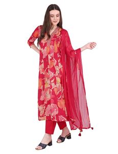 <b>Women</b> Floral <b>Kurta</b> Set with Dupatta Stylish Red <b>Kurta</b> Set Chiffon Printed <b>Women</b> <b>Kurta</b> Set for Festive and Casual Wear - Product Image 6