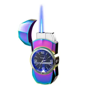 Großhandel individuelles Logo kreatives Jet-Flamme-Uhrfeuerzeug mit Licht Metall winddichtes Gasfeuerzeug
