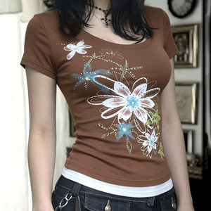 Camiseta de punto con estampado floral y bloques de color para mujer, cuello redondo, manga corta, informal, a la moda, top de verano - Product Image 3
