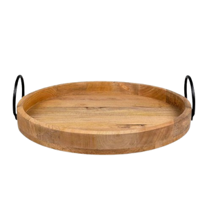 Plateau de service en bois avec poignée en métal Plateau de service arrondi décoratif Plateau de service de restauration rapide en bois naturel - Product Image 1