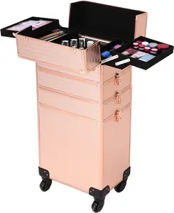 Rolling Makeup Cosmetic Train Case with 2 Drawer, Large Aluminum Trolley Case with Wheels, Rolling Trolley for Travel Storage