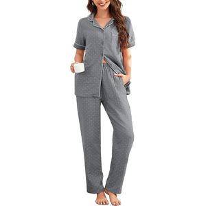 FOXA Conjunto de pijama de algodón con lunares para mujer, camiseta de manga corta con botones, pantalones largos, ropa de dormir con bolsillos - Product Image 1