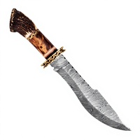Couteau artisanal en acier Damas avec manche en bois de cerf et étui en cuir, pour usage en camping et en plein air, type Bowie.