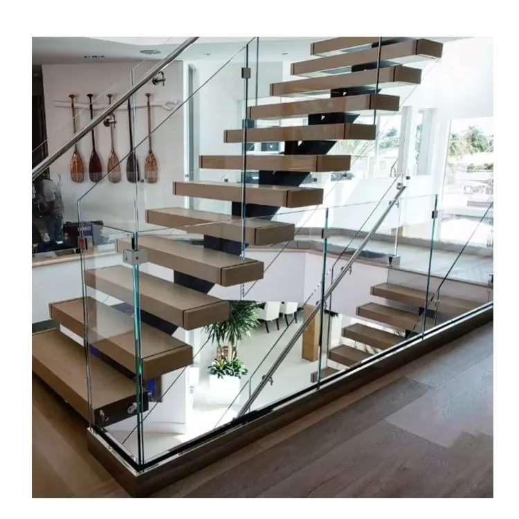 アメリカンホワイトオークパウダーコーティングスチールモノストリンガー階段無垢材トレッド階段LEDライト付き