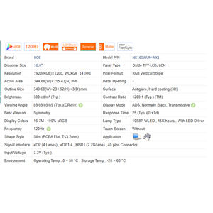 NE160WUM-NX1/NX6 16.0\" IPS Mini LED 16:10 Modulo Schermo LCD per Laptop 120Hz 100% SRGB 300 Cd/<span class=keywords><strong>m</strong></span> 1200:1 EDP 40-Pin - Product Image 6