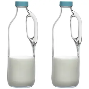 透明玻璃牛奶瓶套装，带手柄和盖子，用于冰箱水罐玻璃水罐果汁