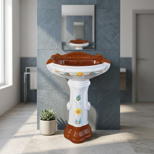 Lavabo de Cerámica Color Madera Rústica Serena con Pedestal, Lavabo de Baño Montado en la Pared con Pedestal Completo - Product Image 5