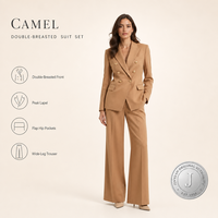 Ensemble tailleur pantalon JINYUAN pour femme, camel, double boutonnage, boutons dorés, revers pointus, pantalon large, vente en gros, OEM