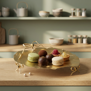 Luxury <b>Decorative</b> Metal Dessert Serving Tray with Bow Handles Modern Cake Pastry Display Platter for Tabletop Decor - Product Image 3