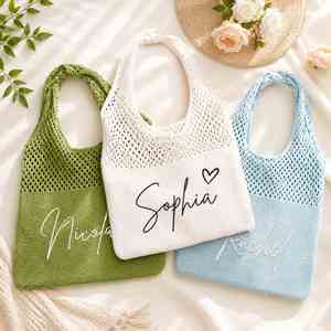 Personalized Crochet Beach <b>Bag</b>, Large Custom Name <b>Tote</b>, Handwoven Summer Shoulder Purse for Vacation, Travel Shopper for Women - Product Image 1
