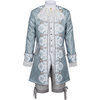 Costume de Prince de Cour Baroque Rococo pour Homme, Bleu Poussiéreux, Jacquard Floral, Brocart, Col à Volants en Dentelle, Pantalon, Tenue de Nobiles pour Cosplay