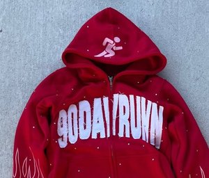 <b>Red</b> Rhinestone Zip Up <b>Hoodie</b> Men Sweatshirt Distressed Letter Graphic Hooded Jacket Casual Streetwear - Product Image 3