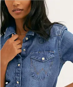 В стиле вестерн застежки-кнопки спереди джинсовая женская рубашка с длинным рукавом двойной обхват груди карманы