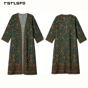 Abaya Kimono Islamique de Luxe Vintage pour Femme, Bleu Turquoise, Jacquard Brodé, Motif Floral Doré, Manches Chauve-Souris Longues, Modeste, à Col Ouvert - Product Image 4