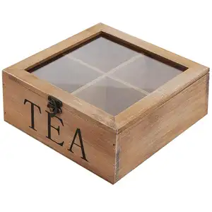 लकड़ी चाय बैग भंडारण छाती, स्पष्ट ढक्कन के साथ बहुउद्देशीय संगठन प्रदर्शन बॉक्स, ब्राउन