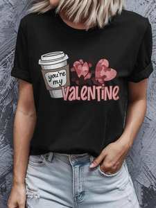 T-shirt da donna con stampa di cuori e caffè per San Valentino, manica corta, girocollo, casual, primavera estate, 100% cotone jersey, vestibilità regolare - Product Image 3