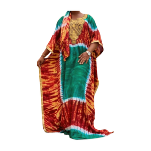 Asymmetrical Neckline Tie Dye <b>Kaftans</b> Women India Apparel's Bohemian Floor-Length Dresses Three Quarter Chiffon Free Back - Product Image 1