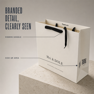 Bolsas de Papel Blancas Mei & <span class=keywords><strong>DOLE</strong></span> con Asas de Listón Negro, Logotipo Personalizado, Marca Privada, Embalaje al por Mayor y al Detal - Product Image 5