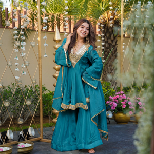 Teal Solid Silk Embroidered <b>Shawl</b> with Mirror Work Traditional Indian Pakistani Women's Wear Skin-Friendly Breathable - Product Image 1