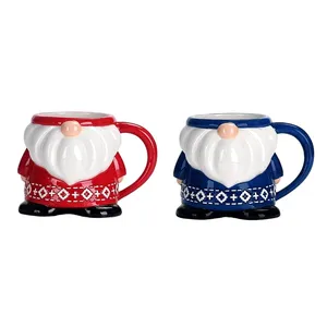 Ceramic Red & Blue Christmas Gnome 15oz Mugs Set Handpainted Microwave & Dishwasher Safe