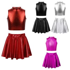 8-14 Kids Girls Custom Dance Wear <b>Metallic</b> Turtleneck <b>Crop</b> <b>Top</b> With Skirt Jazz Dance Workout Class Ballroom Latin Dance Clothes - Product Image 1