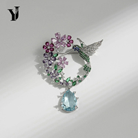 Bros Hummingbird Mikro Berlapis Tembaga dengan Zirkon Warna-warni, Liontin Bunga, Hadiah Pernikahan/Pertunangan Wanita