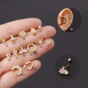 Hot Sell Popular Creative Design Diamond Surgical 20g Steel Piercing Jewelry Screws Ear Bone Studs Women