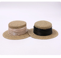 Chapeau de paille tressé rétro français pour femme, style Panama à calotte plate, protection solaire, pour la plage et les vacances, chapeau décontracté