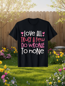 T-shirt con citazione di Shakespeare 'Love All Trust Few', unisex, manica corta, 100% cotone, vestibilità ampia, casual, stampa frontale con cuori rosa - Product Image 2