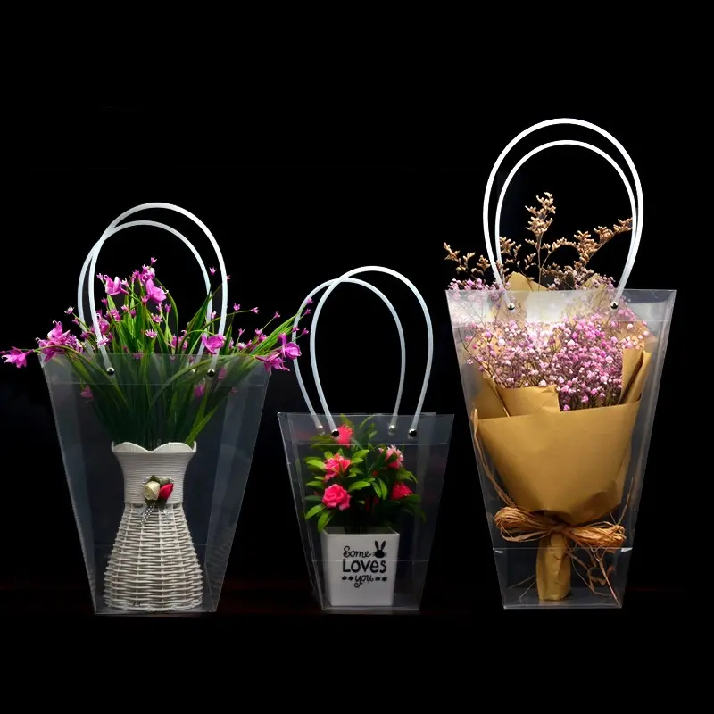 Emballage de bouquet en plastique PVC fourre-tout porte-cadeau en pvc sacs d'anniversaire pour fleurs avec poignée