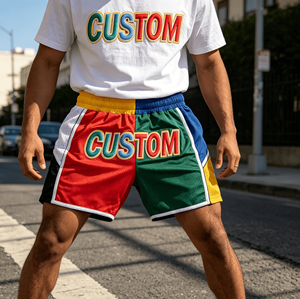 Novedad: Shorts de tela de lana peinada transpirable estilo vintage personalizados con patchwork de colores contrastantes para hombre, servicio OEM - Product Image 3