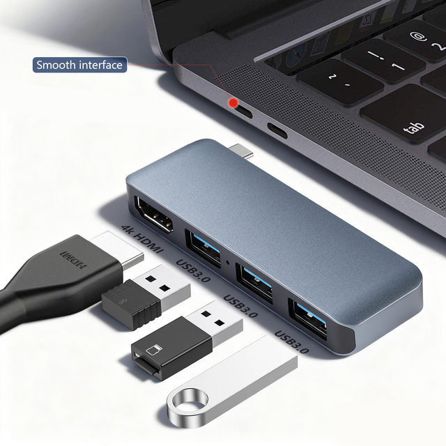 4K30Hz OTG 4-in-1 USB-C Hub Splitter HDMI1.4 Data Transfer 5Gbps USB 3.0 Adapter Docking Station Aluminum Alloy in Stock