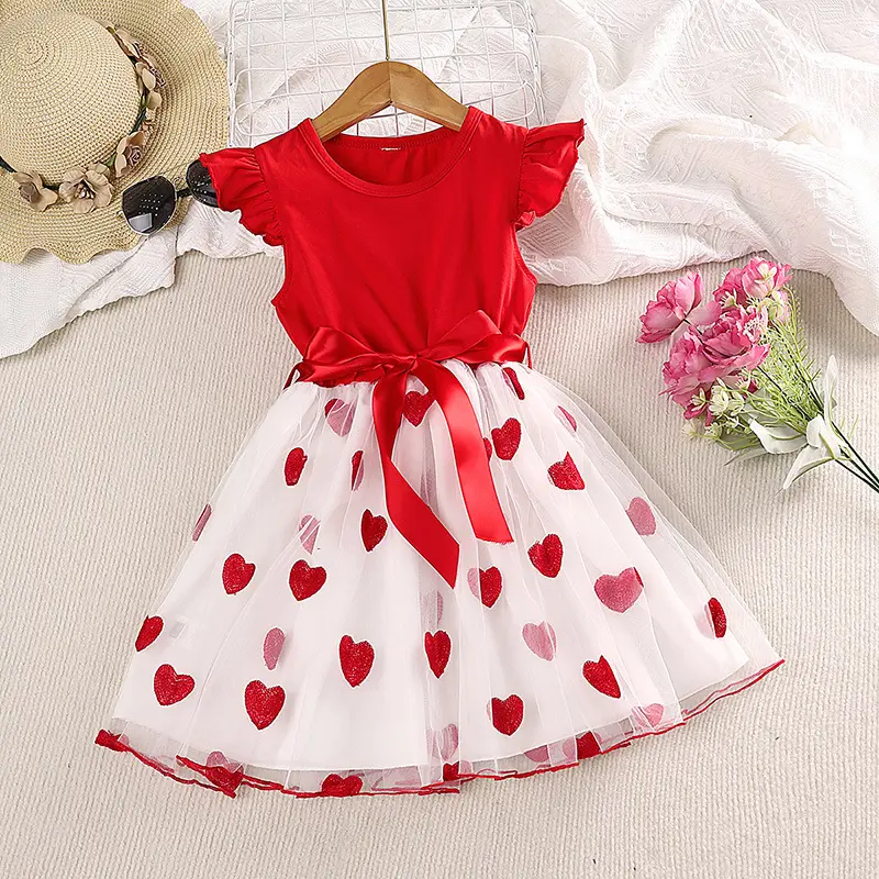 Vestido de princesa infantil com mangas voadoras, saia de malha e amor, moda feminina, novidade de verão 2024, novidade para meninas