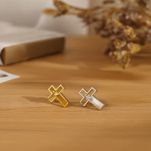 Orecchini a croce in acciaio inossidabile fatti a mano 6mm tono oro e argento gioielli alla moda - Product Image 2