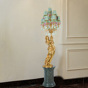 Lampadaire en cuivre à base de marbre vert sculpté à la main ange binaural lampadaire décoratif de palais statue de coulée de cire perdue - Product Image 2