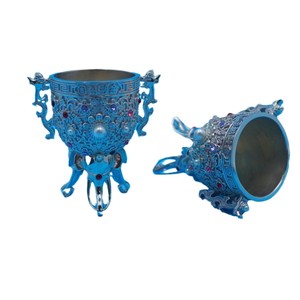 Ensemble à vin plaqué argent fait main avec incrustations de perles et de pierres précieuses, modèle géométrique, décoration d'intérieur, cadeau - Product Image 5