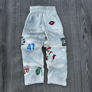 กางเกงวอร์มเอวกลางทรงวินเทจผ้าเทอร์รี่คอตตอน 100% คุณภาพสูง ซักย้อมสีซีดแบบลำลองสำหรับผู้ชาย - Product Image 1