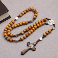 Chapelet religieux catholique fait à la main avec pendentif Jésus, perles en bois avec breloque Vierge Marie, croix et perle - pour cadeau ou fête