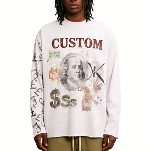T-shirt da uomo personalizzata in 100% cotone oversize a girocollo a maniche lunghe, con logo personalizzato, stampa digitale casual sulla manica, stile streetwear - Product Image 2