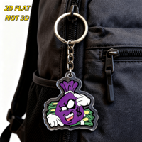 Porte-clés en acrylique motif sac d'argent violet de dessin animé, drôle, avec signe dollar et billets verts, design à bords transparents