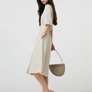 OEM-vestido Midi informal de manga larga con cuello de pico, ropa sencilla de seda y lino a la <span class=keywords><strong>moda</strong></span>, <span class=keywords><strong>2022</strong></span> - Product Image 4